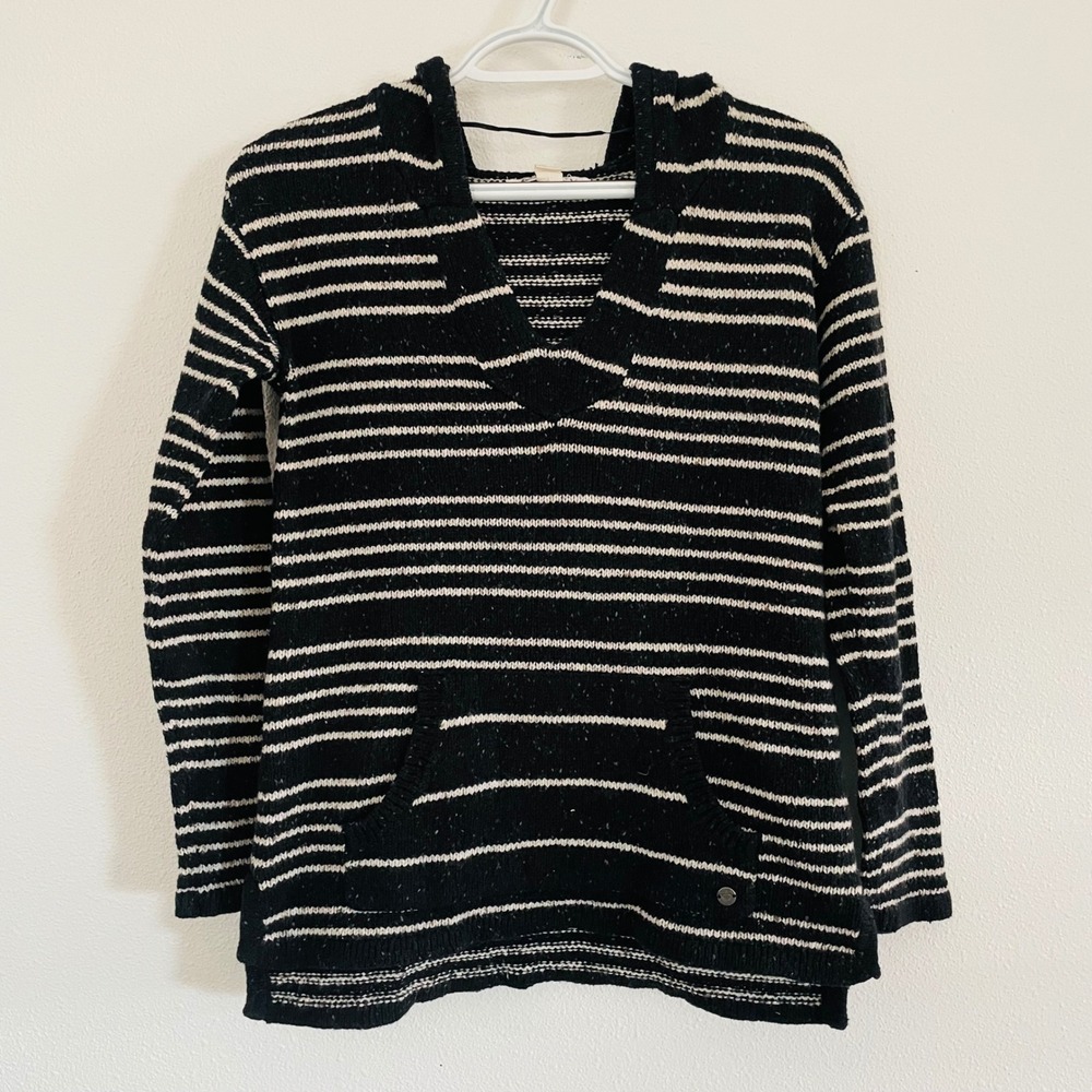 Roxy Womens Striped Knit Hoodie Sweater Black White Y2K Grunge‎ Cozy Beach XS